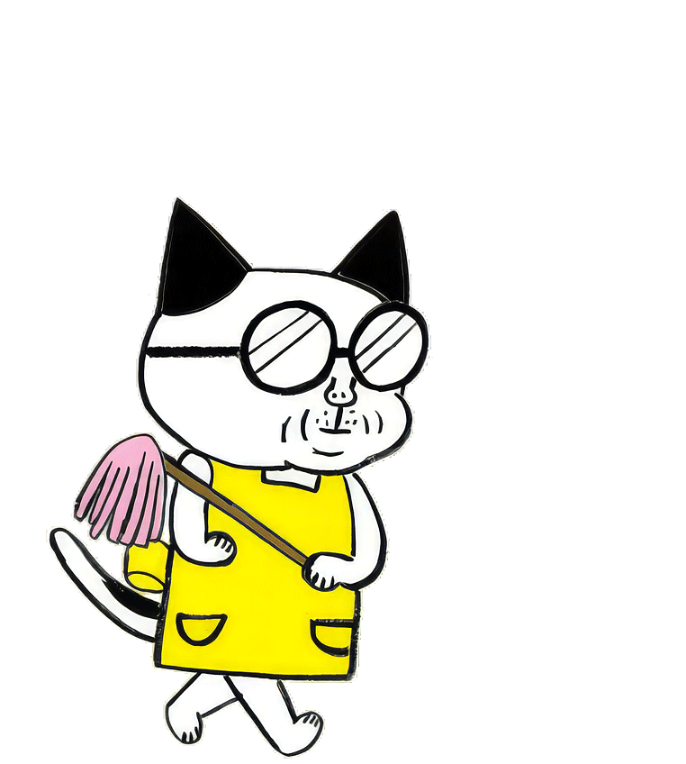 歩きながら埃をはたくめがねこさん