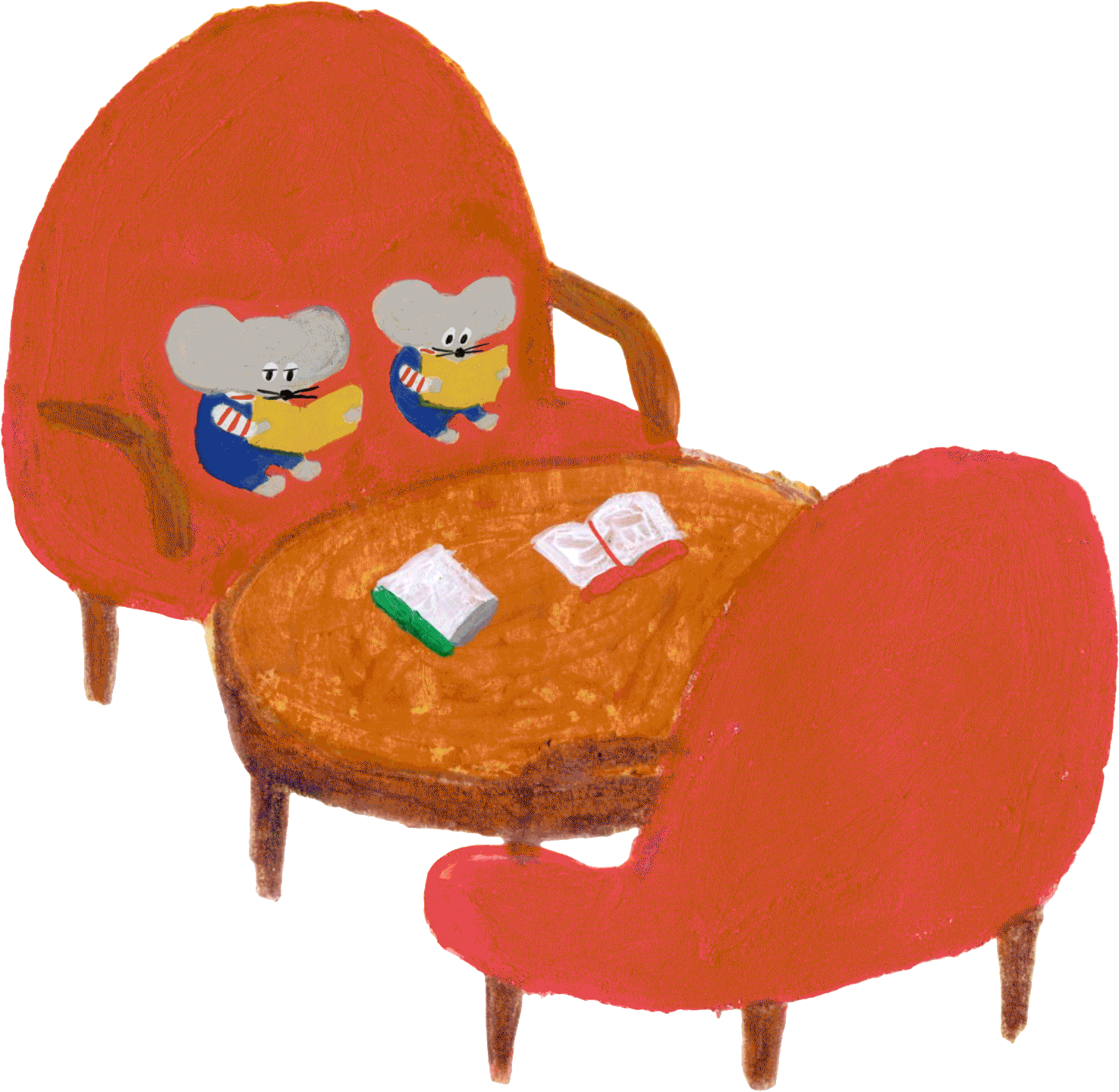 仲良く椅子に座って読書するねずみたち